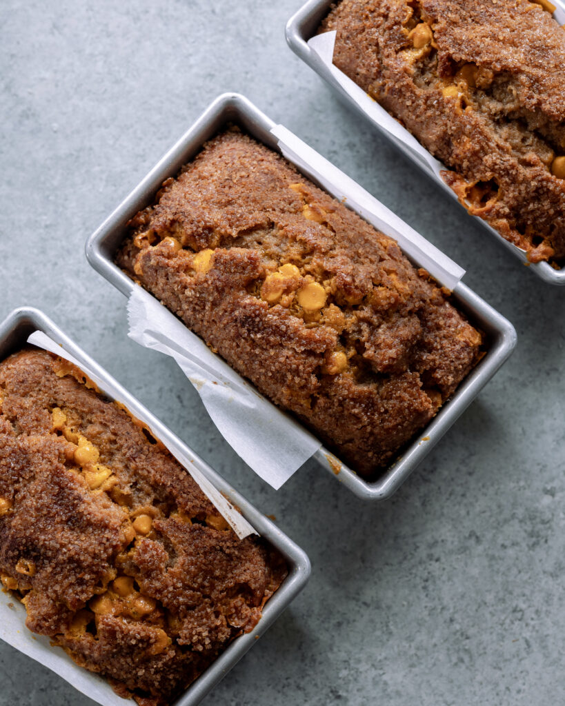 Apple butter quick bread in mini loaf pans.