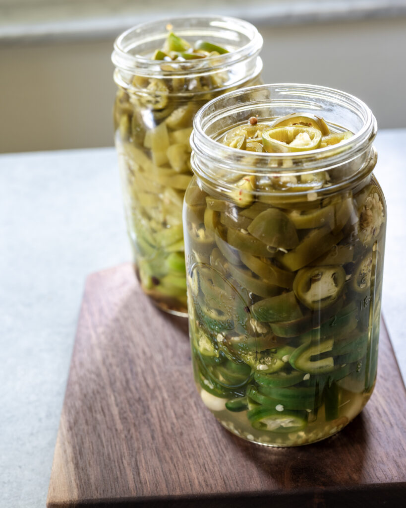 Jars of homemade refrigerator pickled peppers